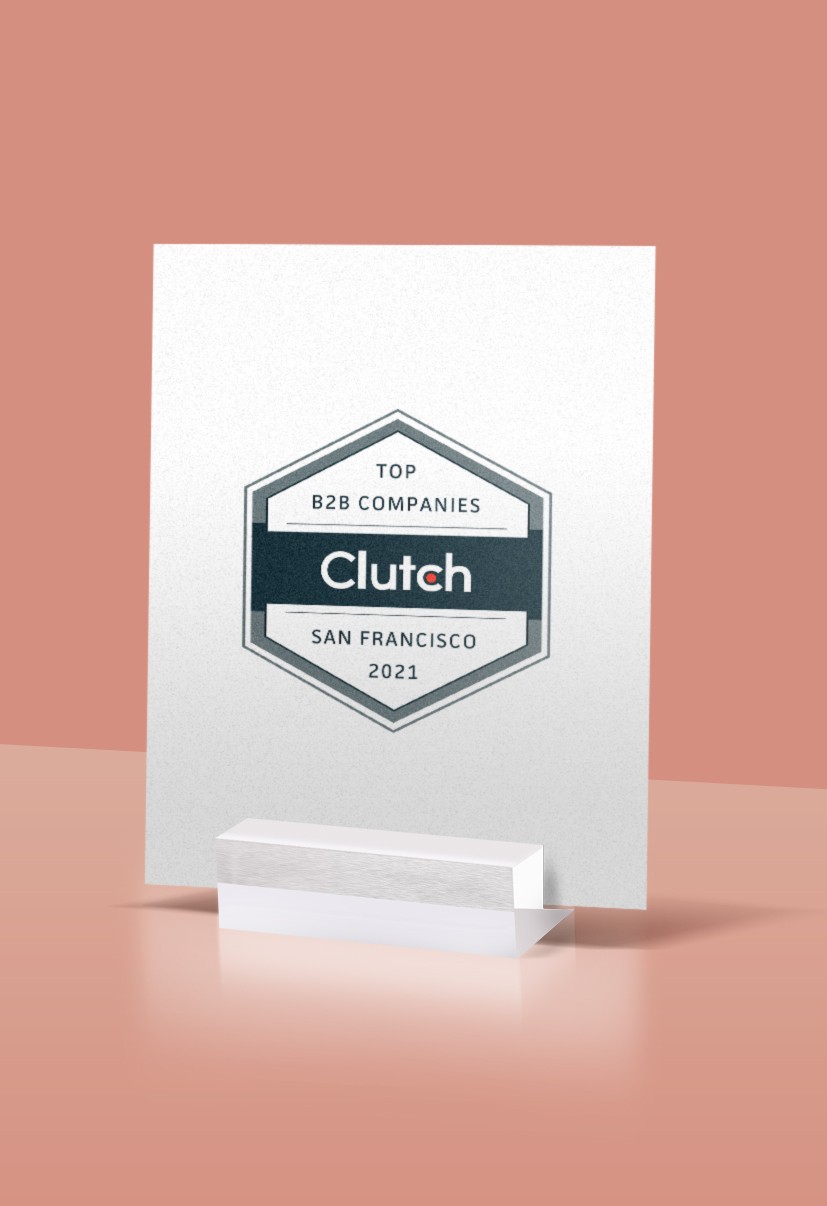 Clutch Top B2B Companies 2021 award plaque for Amasta Media, San Francisco recognition.
