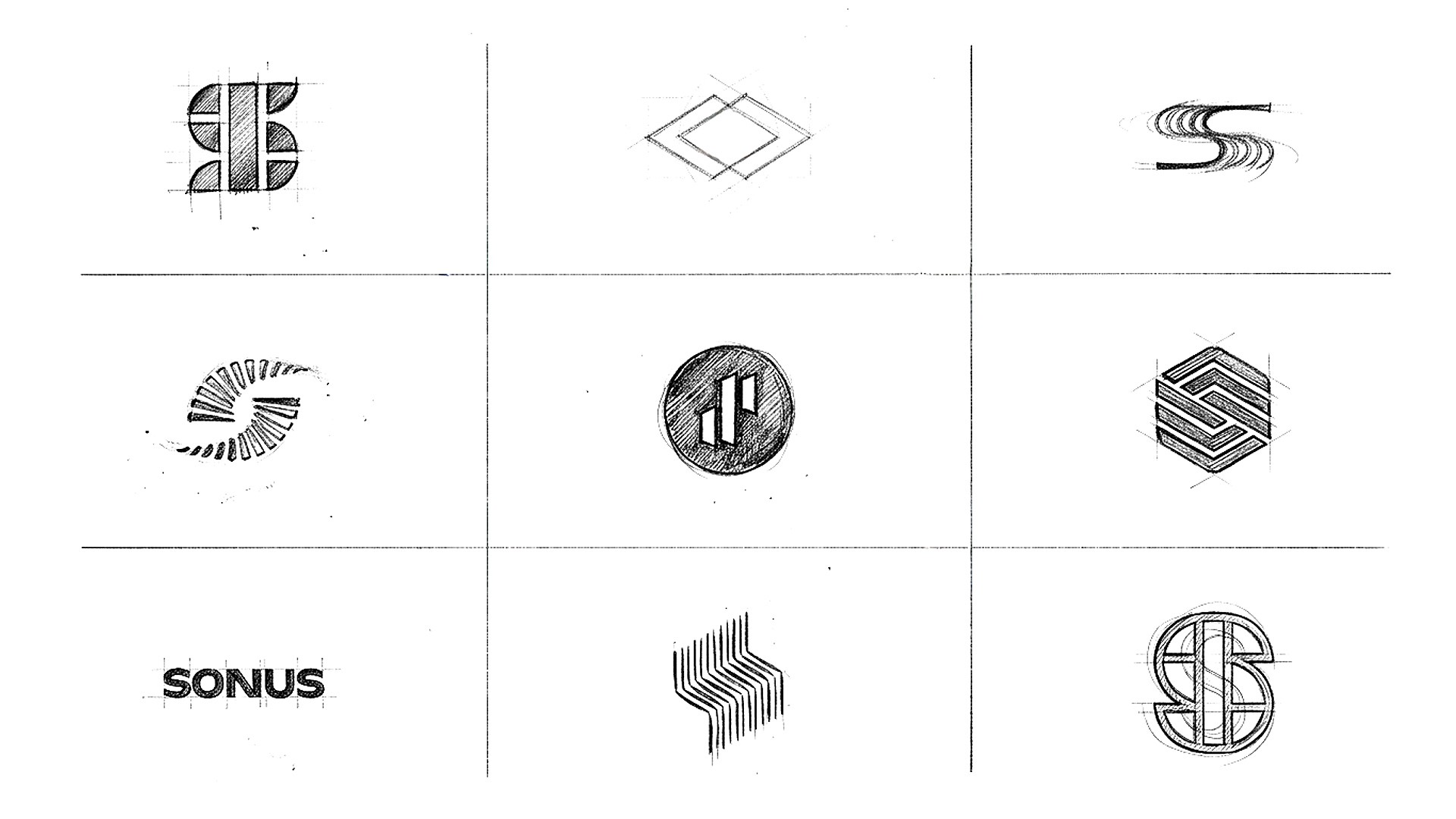 Sketch showing 9 different Sonus Interiors logo concepts.