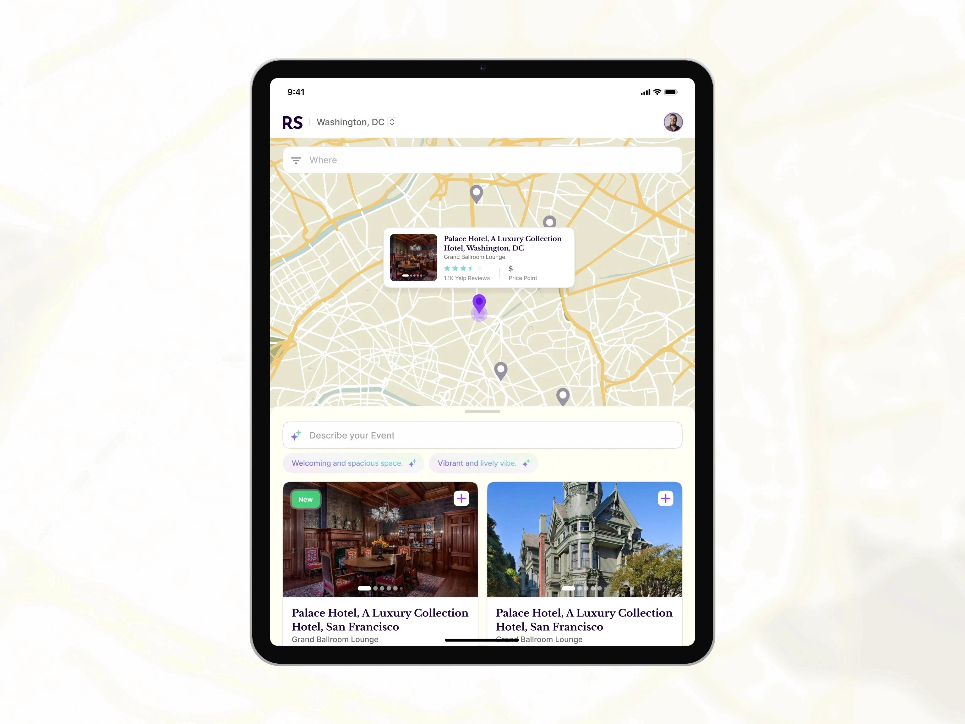 Revel Street venue booking interface on tablet