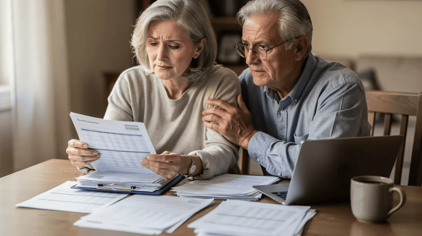 A senior couple is sitting closely together, reviewing financial documents with expressions that convey both concern and hope. They appear to be discussing their retirement plan, possibly considering their retirement income sources and how to manage unexpected medical bills in their golden years.