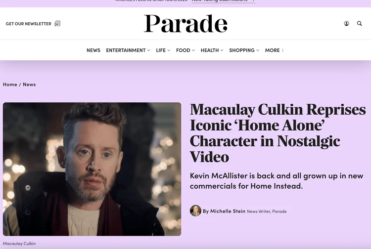 screenshot from a news website Parade
