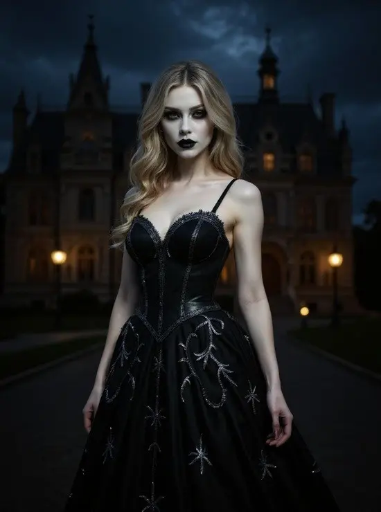 Elegant goth AI girl in a luxurious black gown at palace