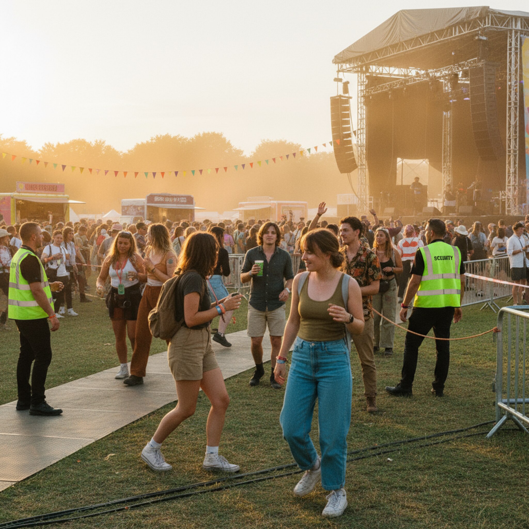 Eine Festivalwiese im warmen Abendlicht, die Bühne leuchtet und feiner Staub glitzert in der Luft. Besucherinnen mit Bändchen lachen, heben die Arme und folgen freundlich lächelnden Ordnern. In der Ferne reihen sich Foodtrucks, bunte Fahnen bewegen sich im Wind. Die Szene wirkt organisiert, voller Energie und Vorfreude.