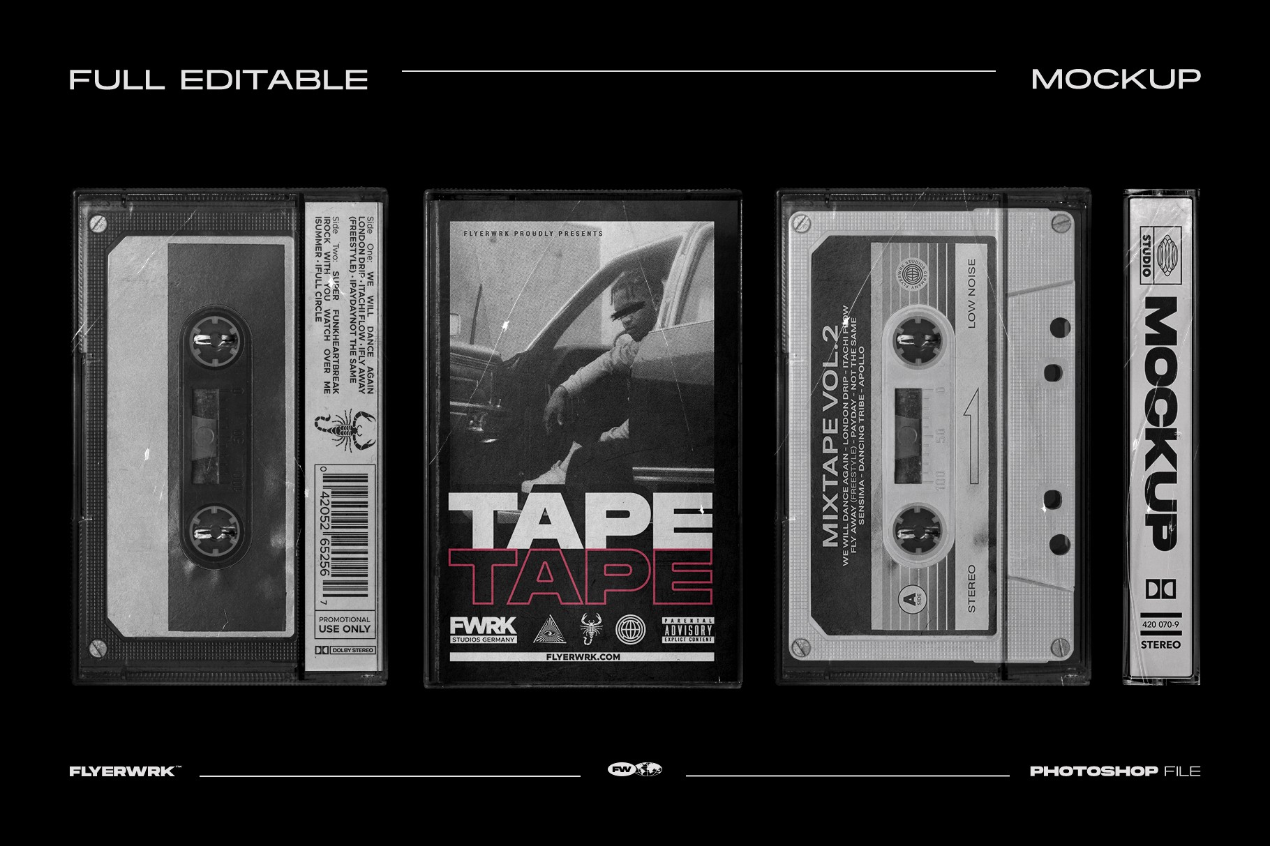 Fully editable Cassette Case Mockup 03 featuring a custom mixtape J-card design and plastic case.