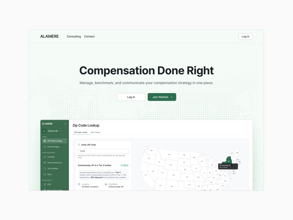 Alamere compensation platform landing page with zip-code salary lookup product preview