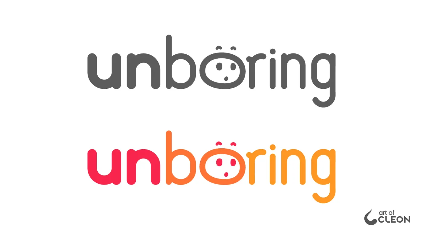 Two horizontal Unboring wordmarks on white: charcoal gray above; below, “un” in pink-red, “bo” in coral orange, and “ring” in warm orange.