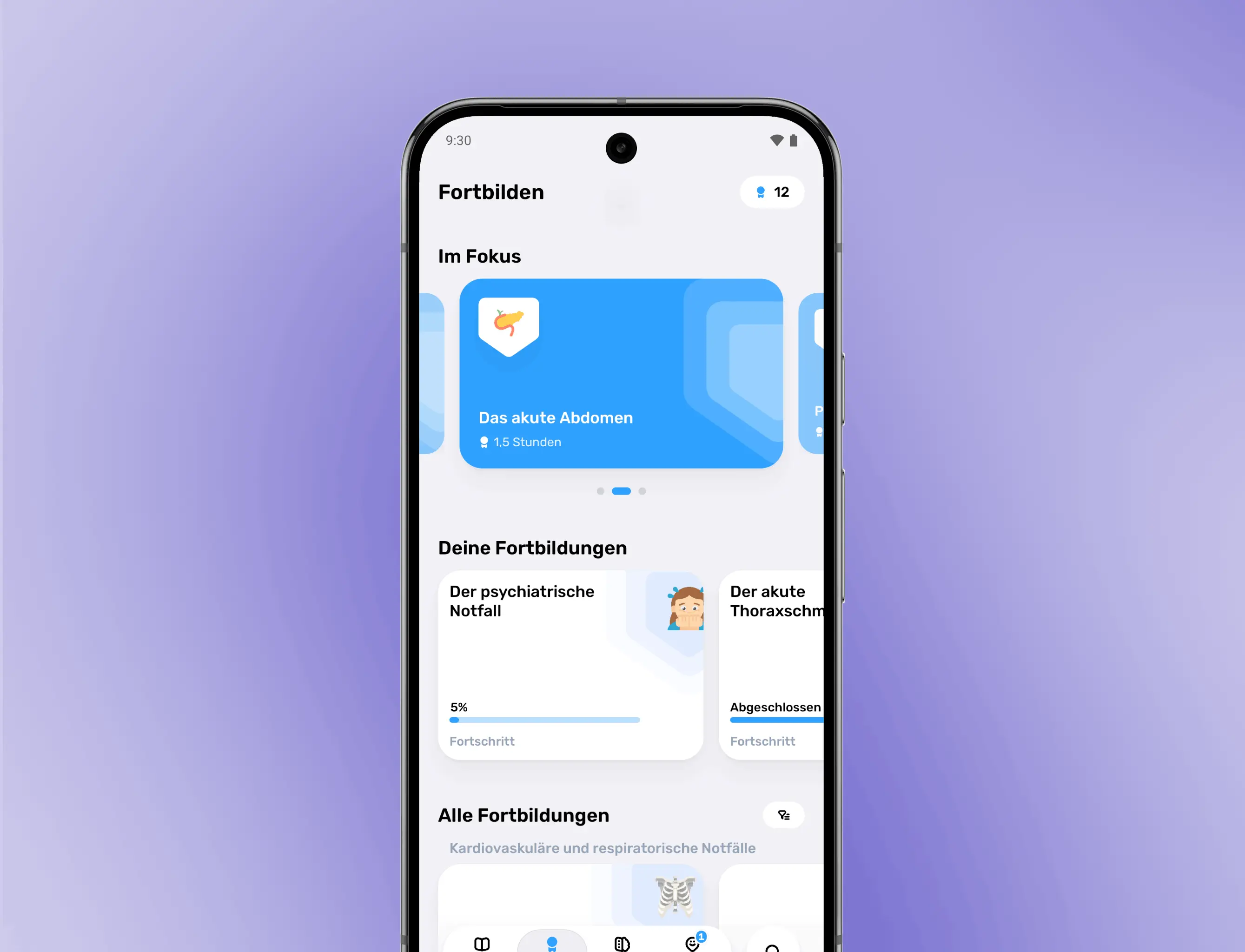 Screenshots der App: Fortbildungsmodul