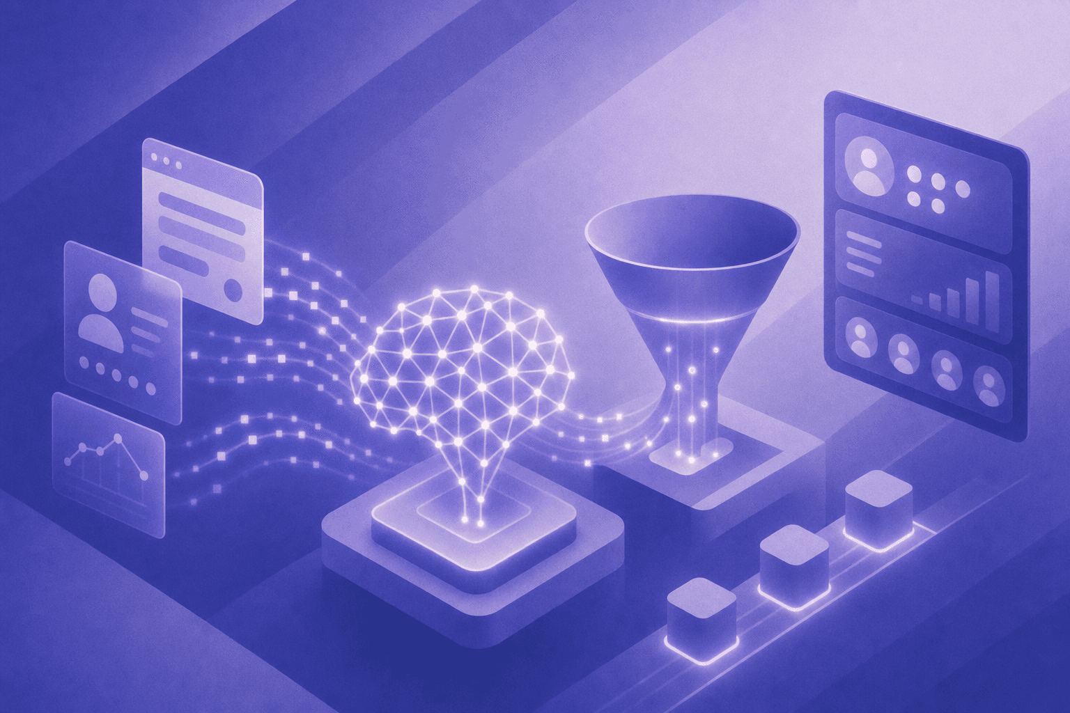 A futuristic digital illustration showing an AI neural network connected to a sales funnel, with glowing data streams flowing from web forms and visitor activity through an automated scoring and routing system into a pipeline dashboard, clean flat design with blue and purple gradient tones, abstract icons representing leads and qualification signals, no text or labels