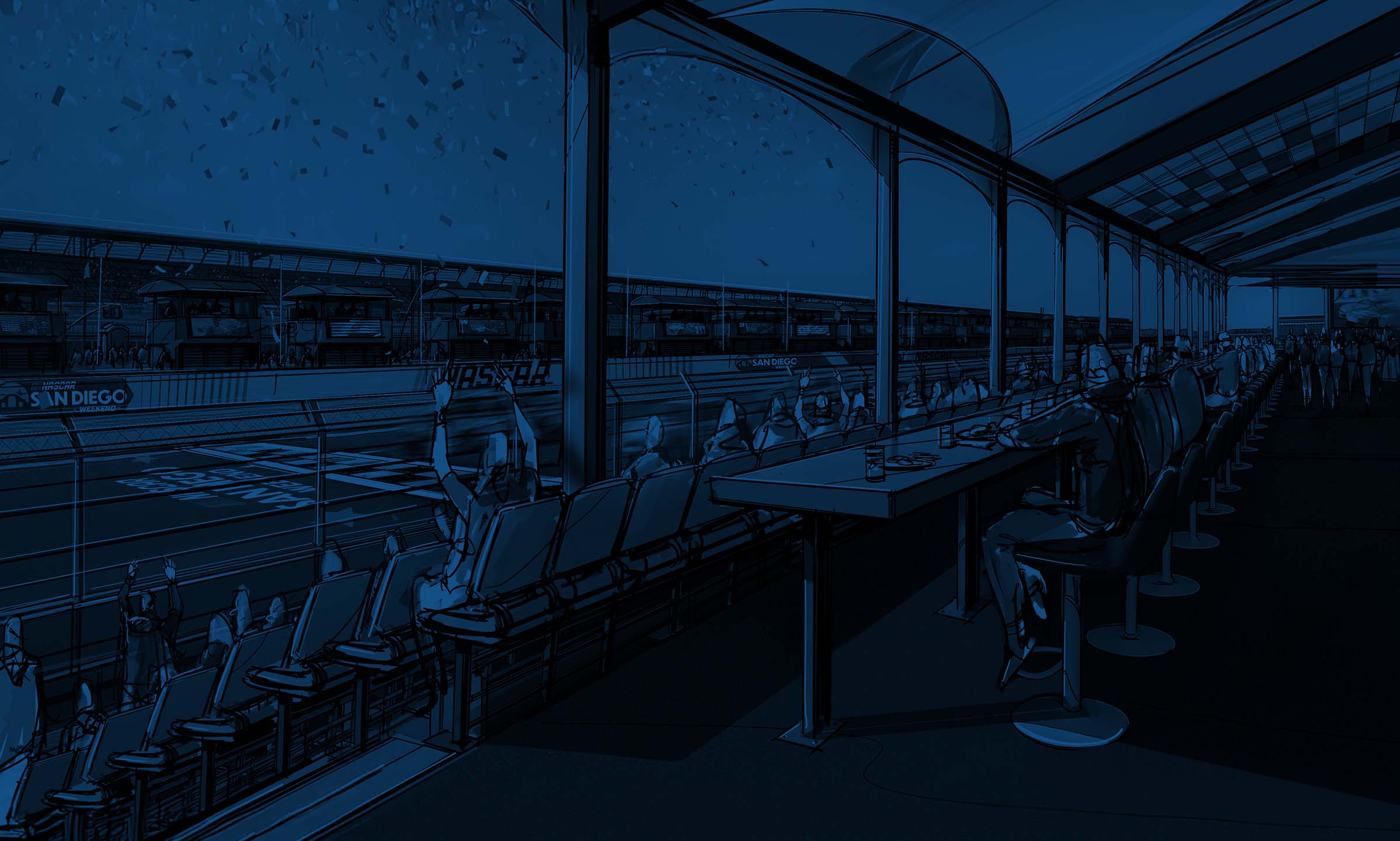 Illustration of covered VIP viewing suite above NASCAR track with fans watching the finish line.