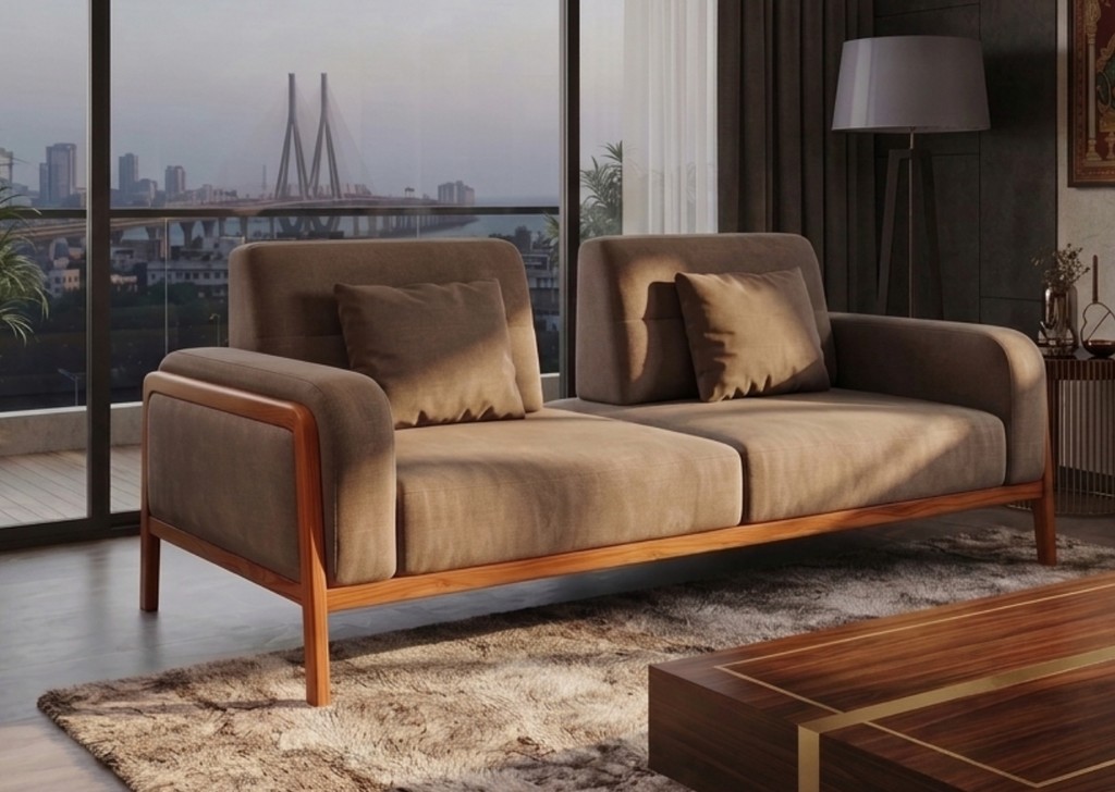 Luxury contemporary cane sofa with teal upholstery and wooden frame