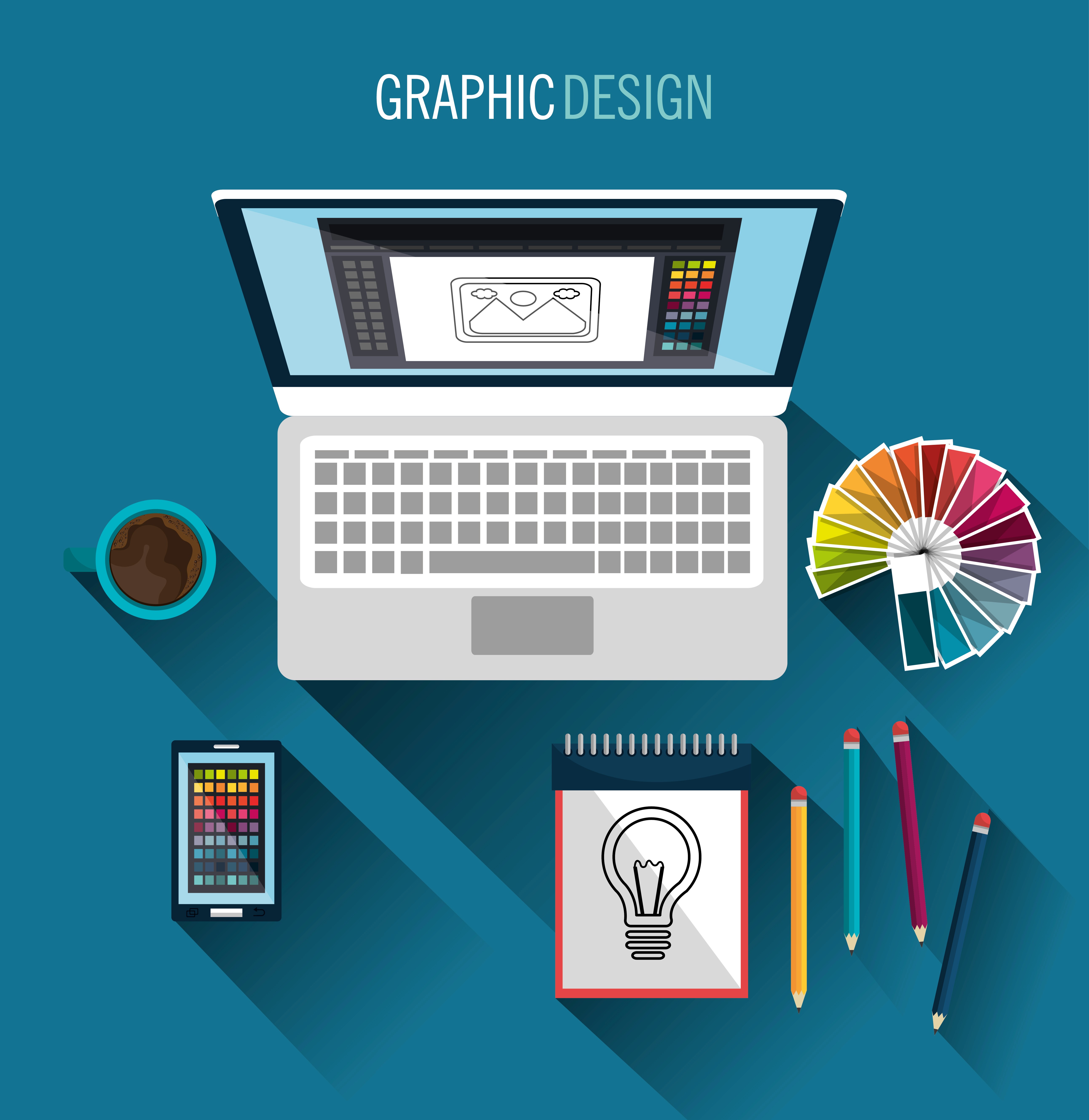 Graphic design workspace illustration with laptop, color palette, creative tools, and digital design elements