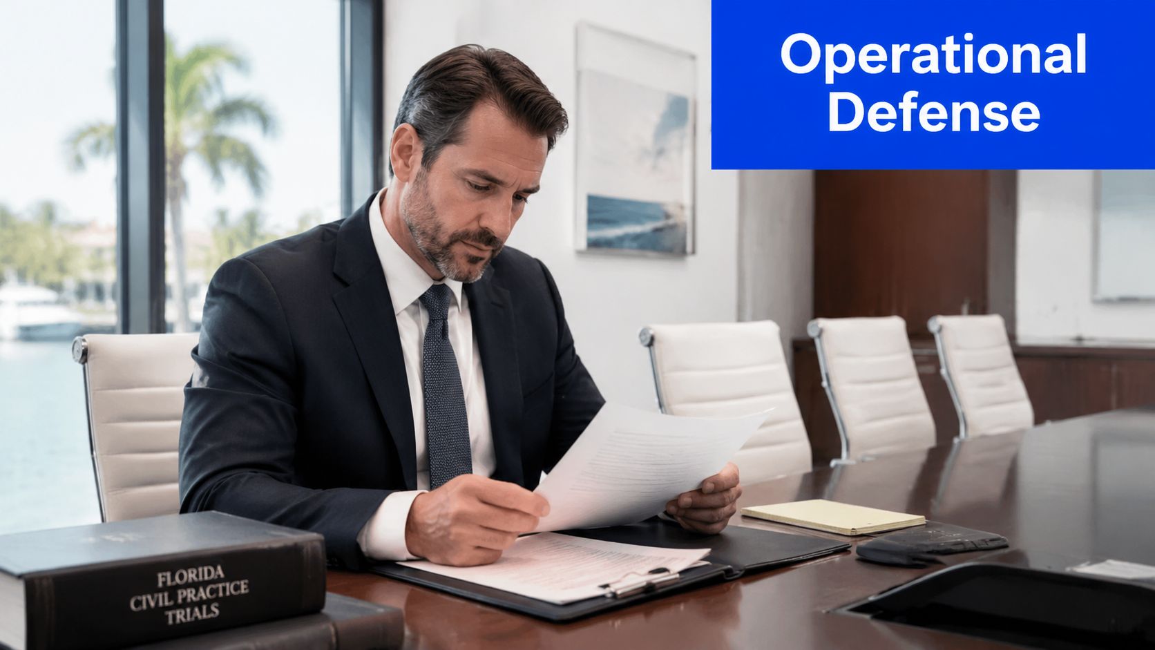 A professional attorney sitting at a conference table reviewing legal documents in a bright office.