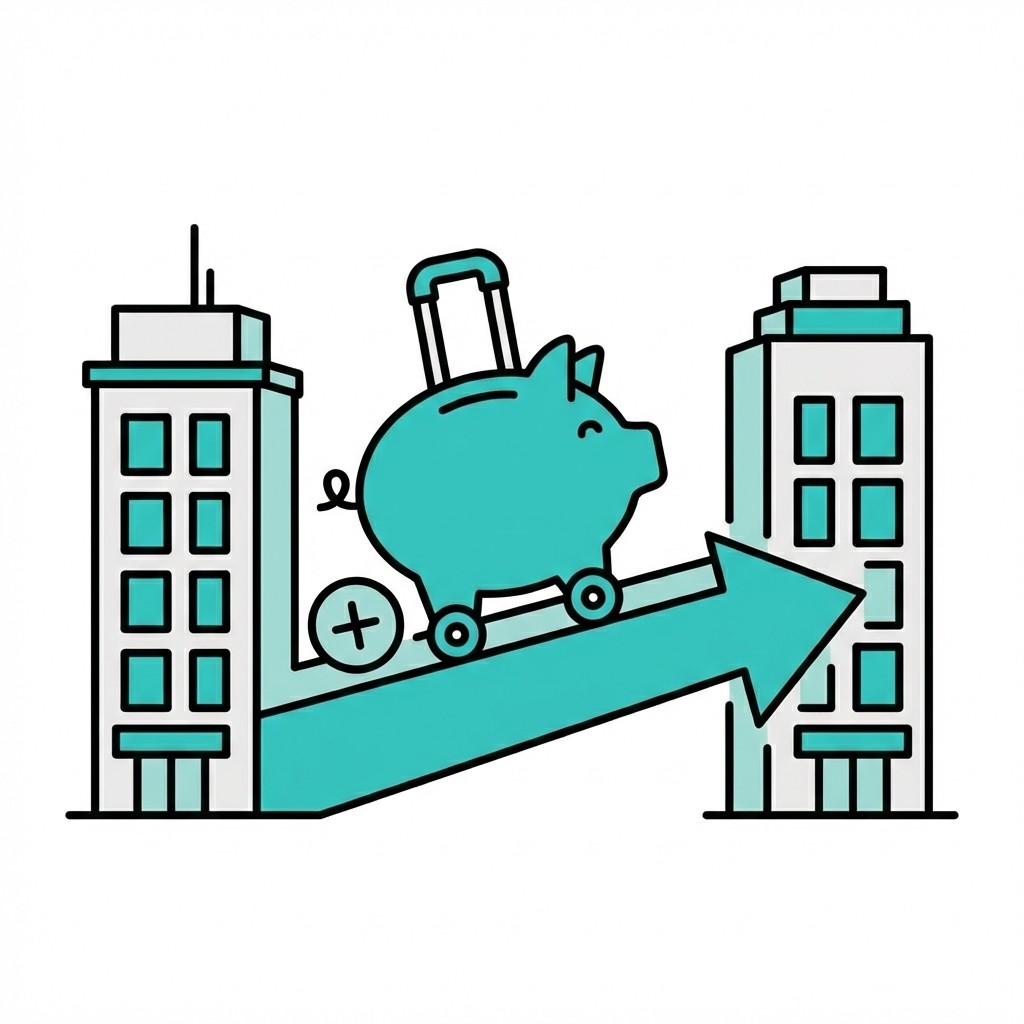 Türkises Sparschwein mit Koffergriff und Rädern rollt auf einem ansteigenden Pfeil zwischen zwei Hochhäusern nach oben.