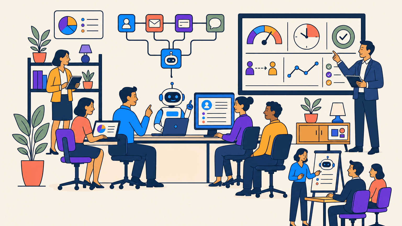 Messsystem für KI-Assistenten in Banken mit Nutzung, Aufgabenabdeckung, Zeit, Qualität, Risiko, Übergaben und Training.