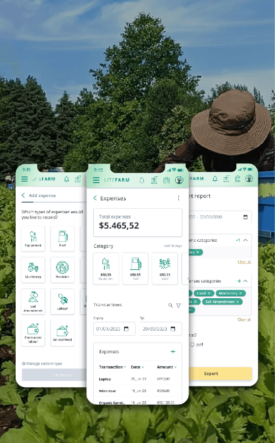 A person in a field tending to leafy green crops with blue harvest bins. Overlaid on the scene are three smartphone screens displaying the "LiteFarm" app interface for managing farm finances, expenses, and export reports.