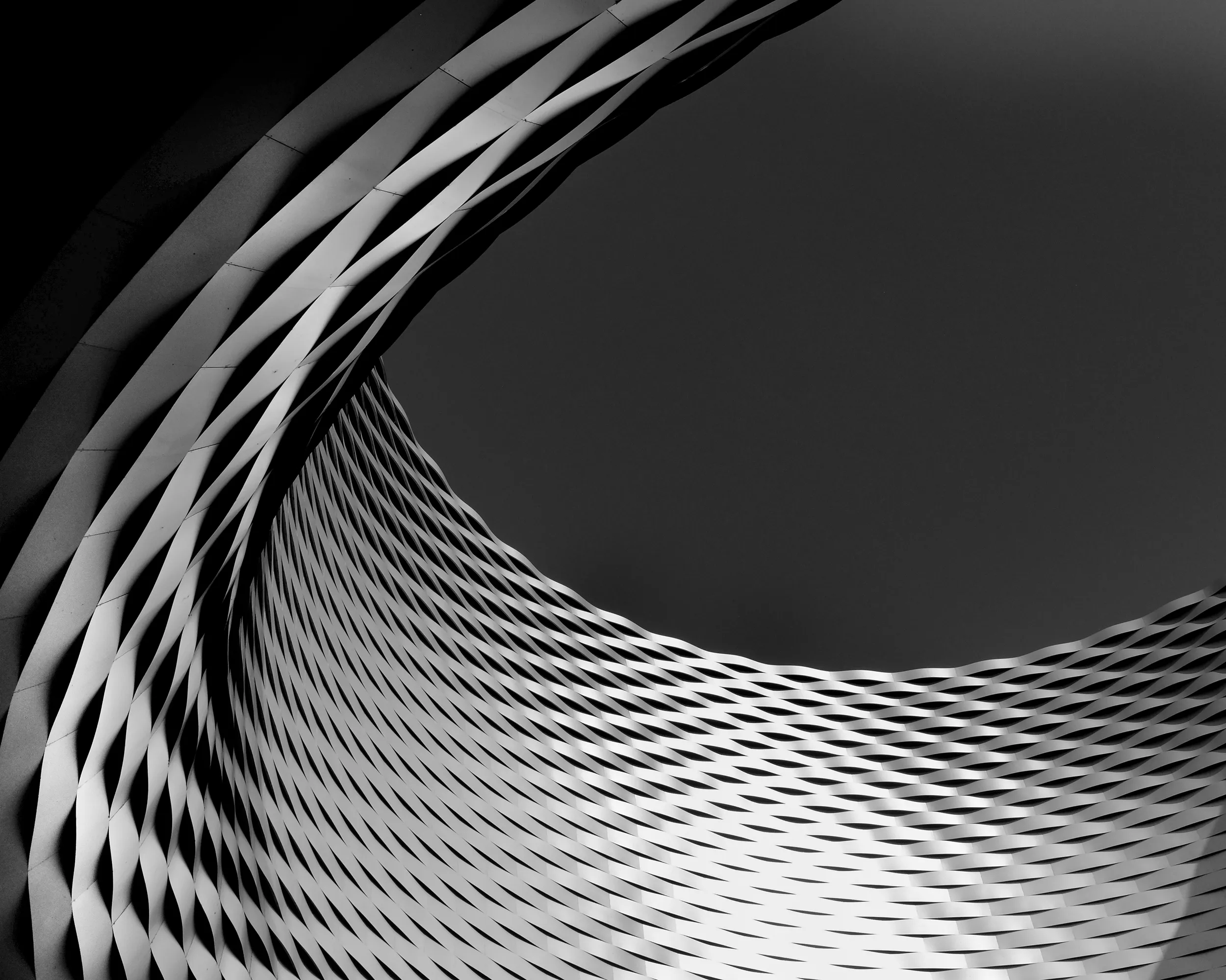 Monochrome abstract architectural tunnel with repeating geometric pattern, parametric design