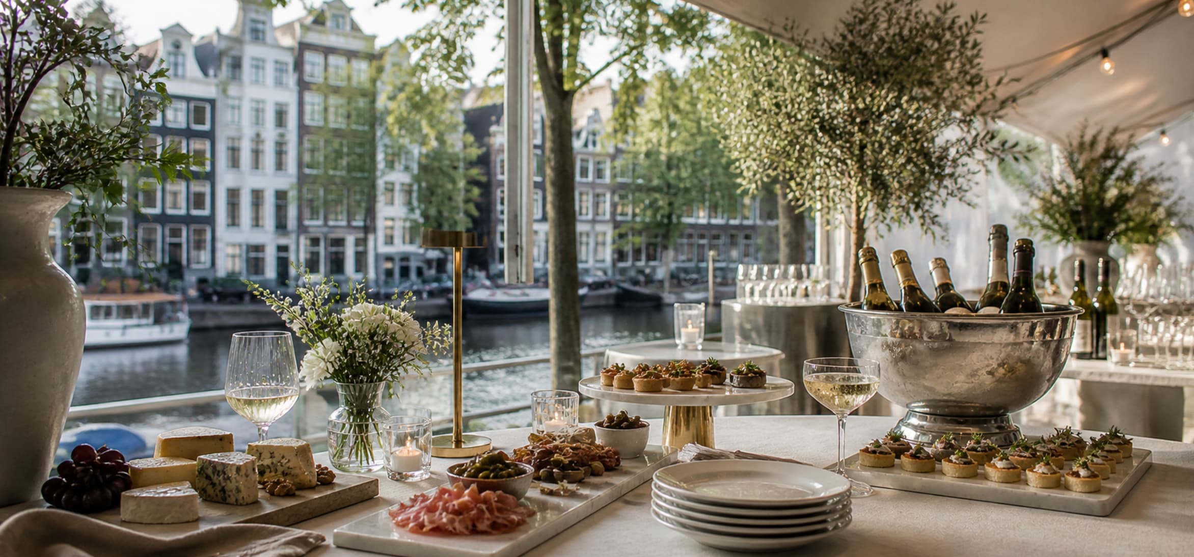 Gasten genieten van Frans diner op locatie in Amsterdam met verfijnde setting en ontspannen sfeer