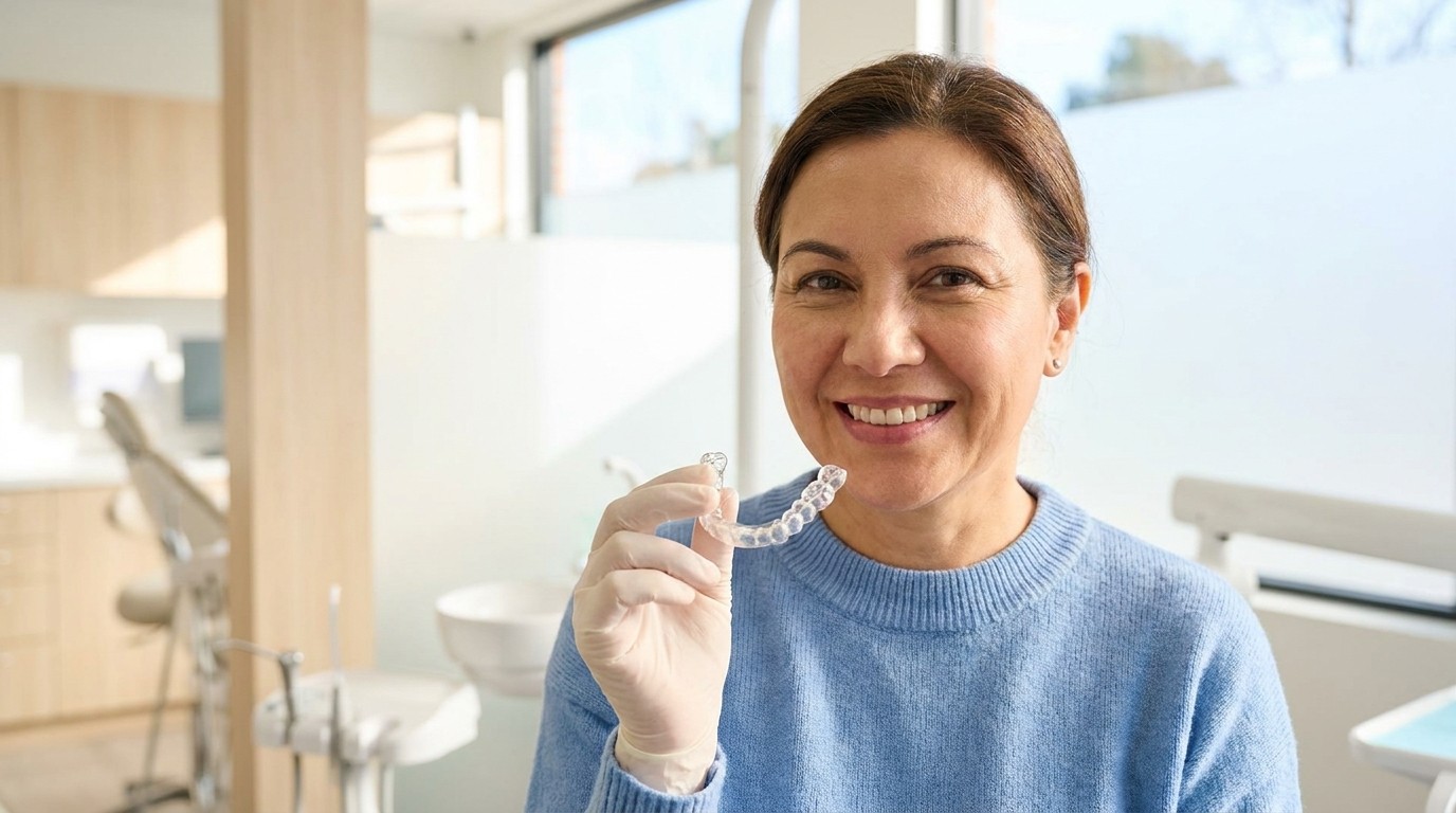 An adult patient holds a clear Invisalign aligner tray in a bright Smyrna dental office.