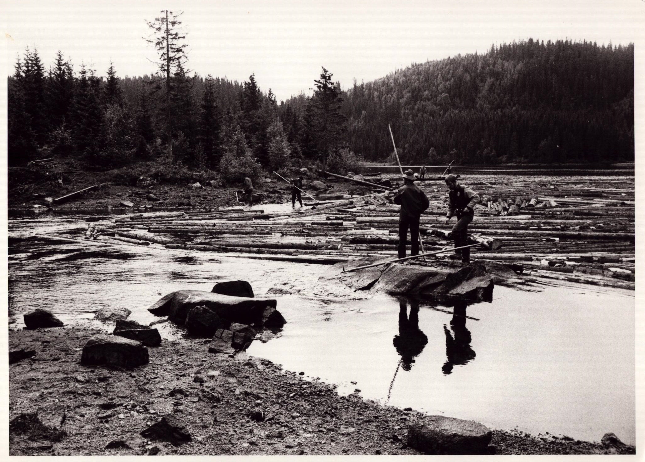 Fossum Bruk - Tømmerfløting. Hentet fra arkivet etter Nordmarksposten
