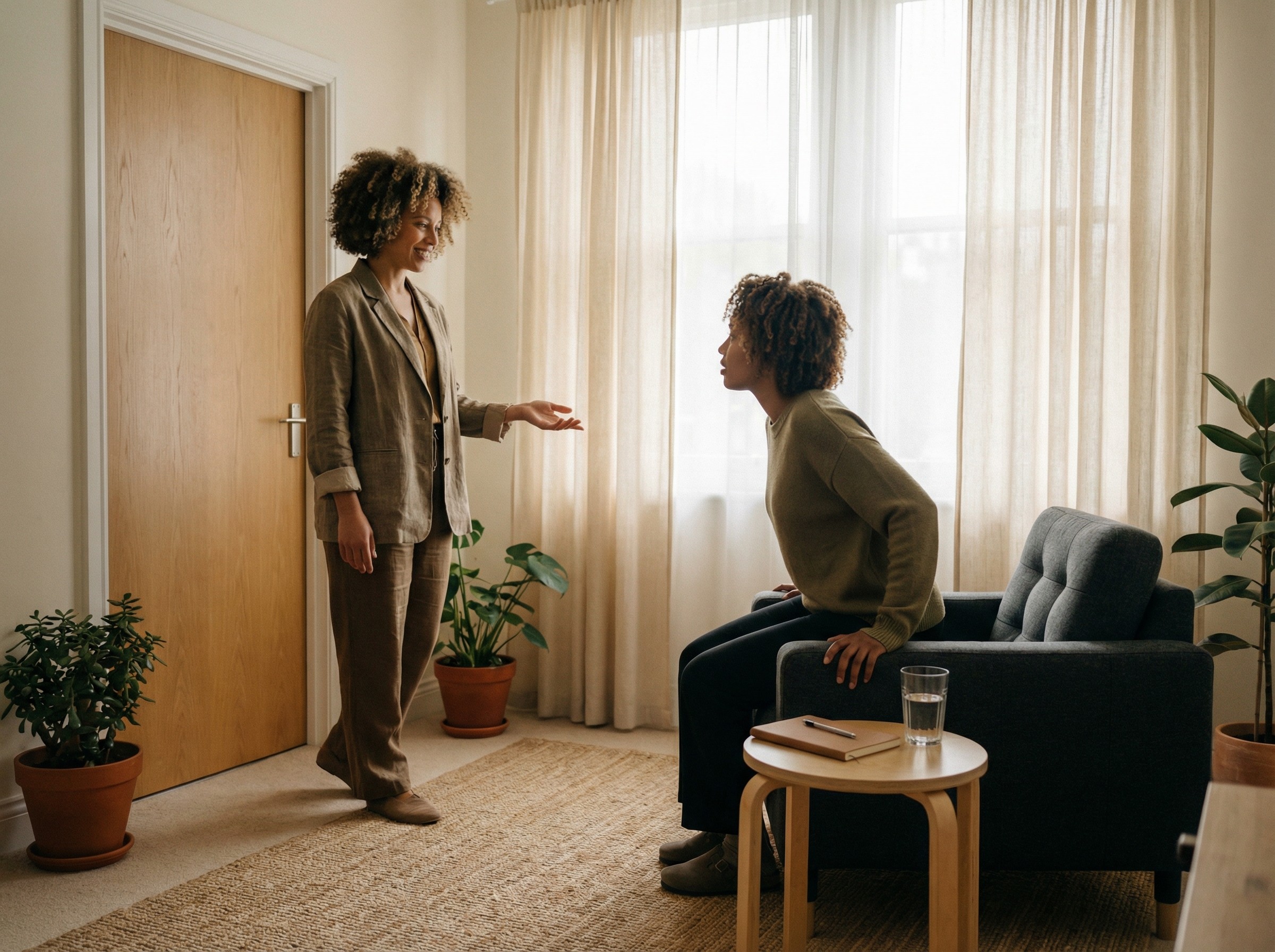Ein heller Praxisraum ist für ein erstes Kennenlernen vorbereitet. Eine Therapeutin begrüßt einen neuen Klienten, ein Glas Wasser steht bereit, die Tür schließt sich leise. Ein Notizbuch liegt griffbereit auf einem schlichten Tisch. Die Szene vermittelt Ankommen, Klarheit und einen strukturierten Start.