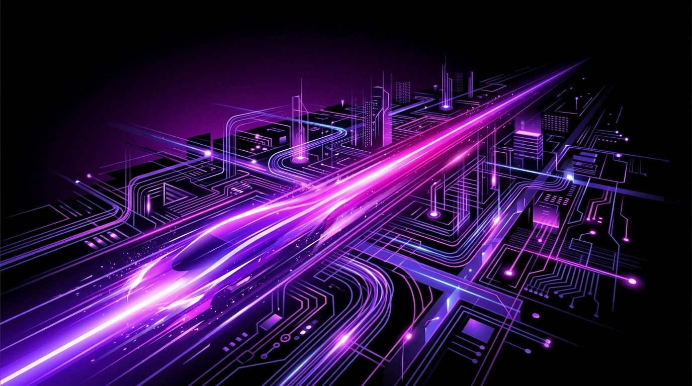 A high-speed light trail racing through a futuristic digital city of cables and glowing pathways, representing speed of execution.