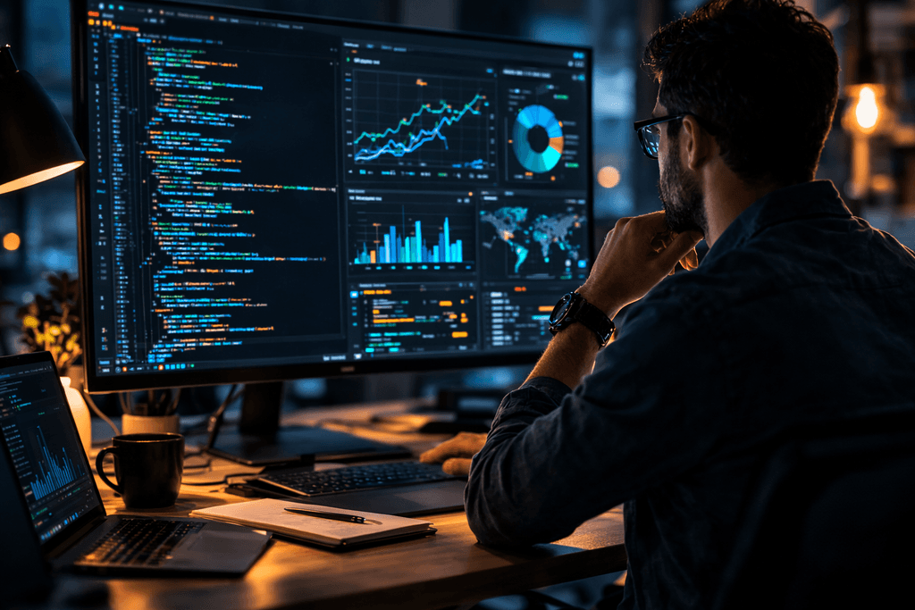 person looking at a screen showing code and data visualizations in a dark office