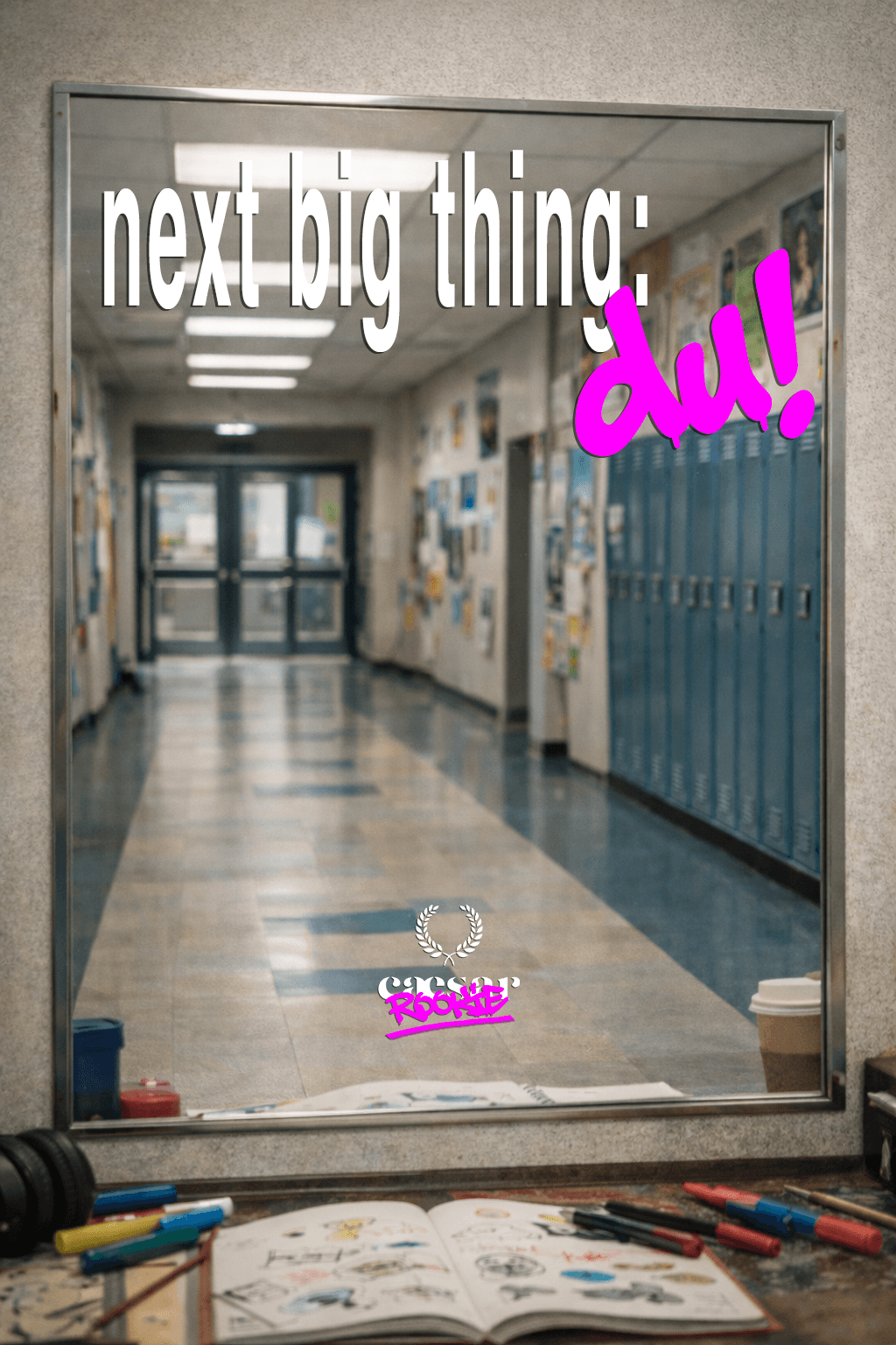 A hallway with blue lockers and artwork on the walls, viewed through a mirror with a playful pink text overlay.