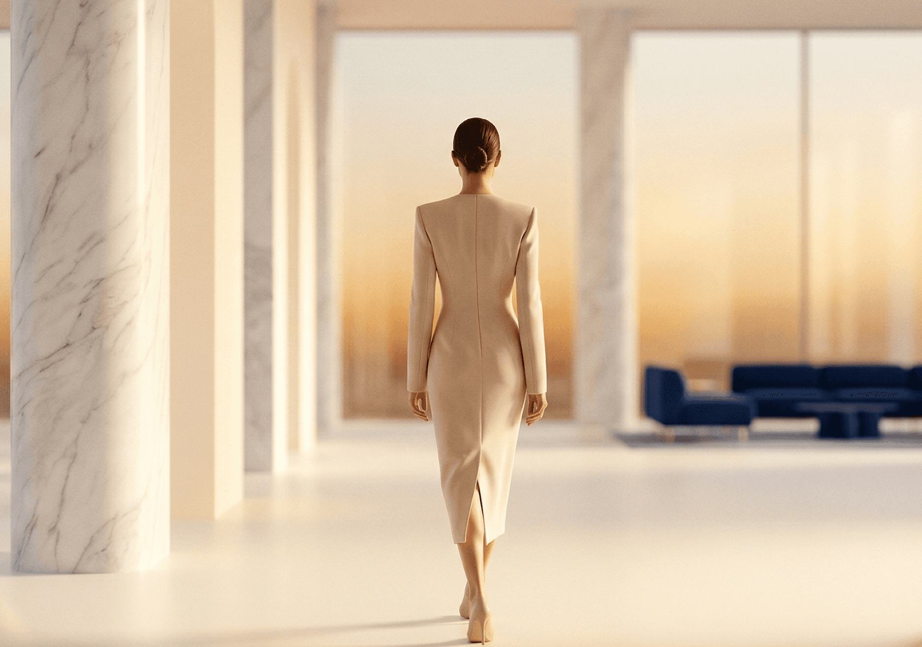 Woman in elegant beige dress walking through a luxury clinic lobby with marble columns and navy blue seating at golden hour