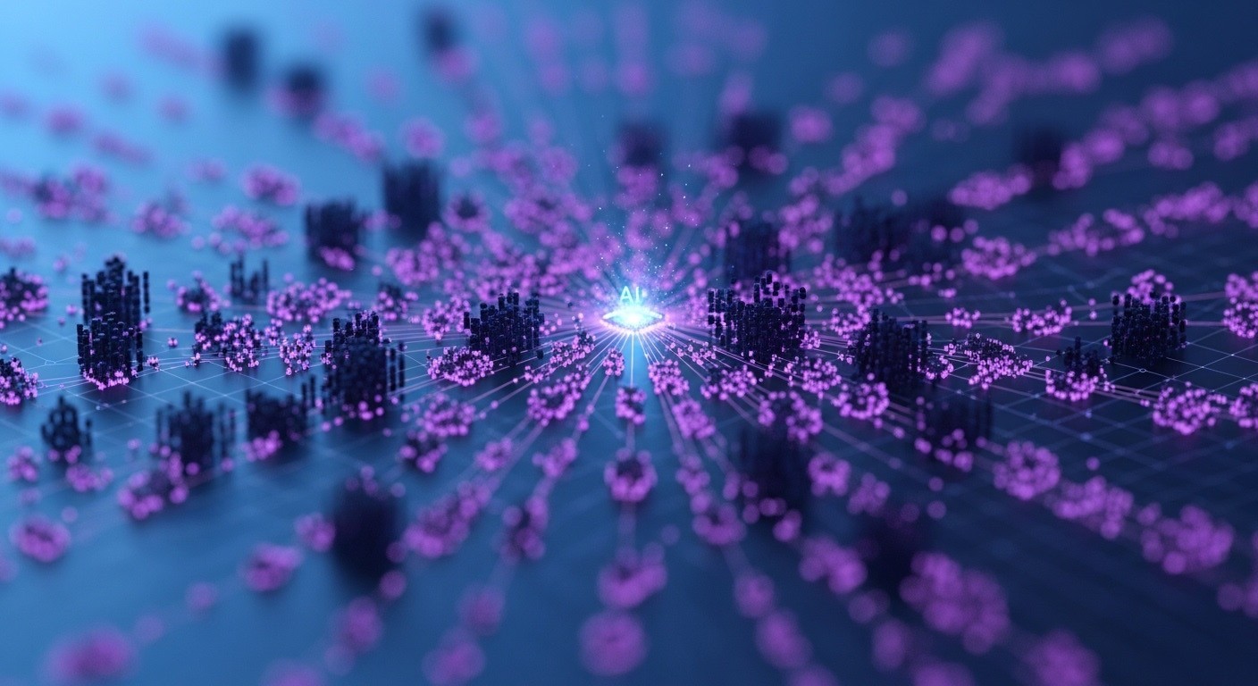 AI search fan-out visualization with central model distributing queries to multiple data clusters