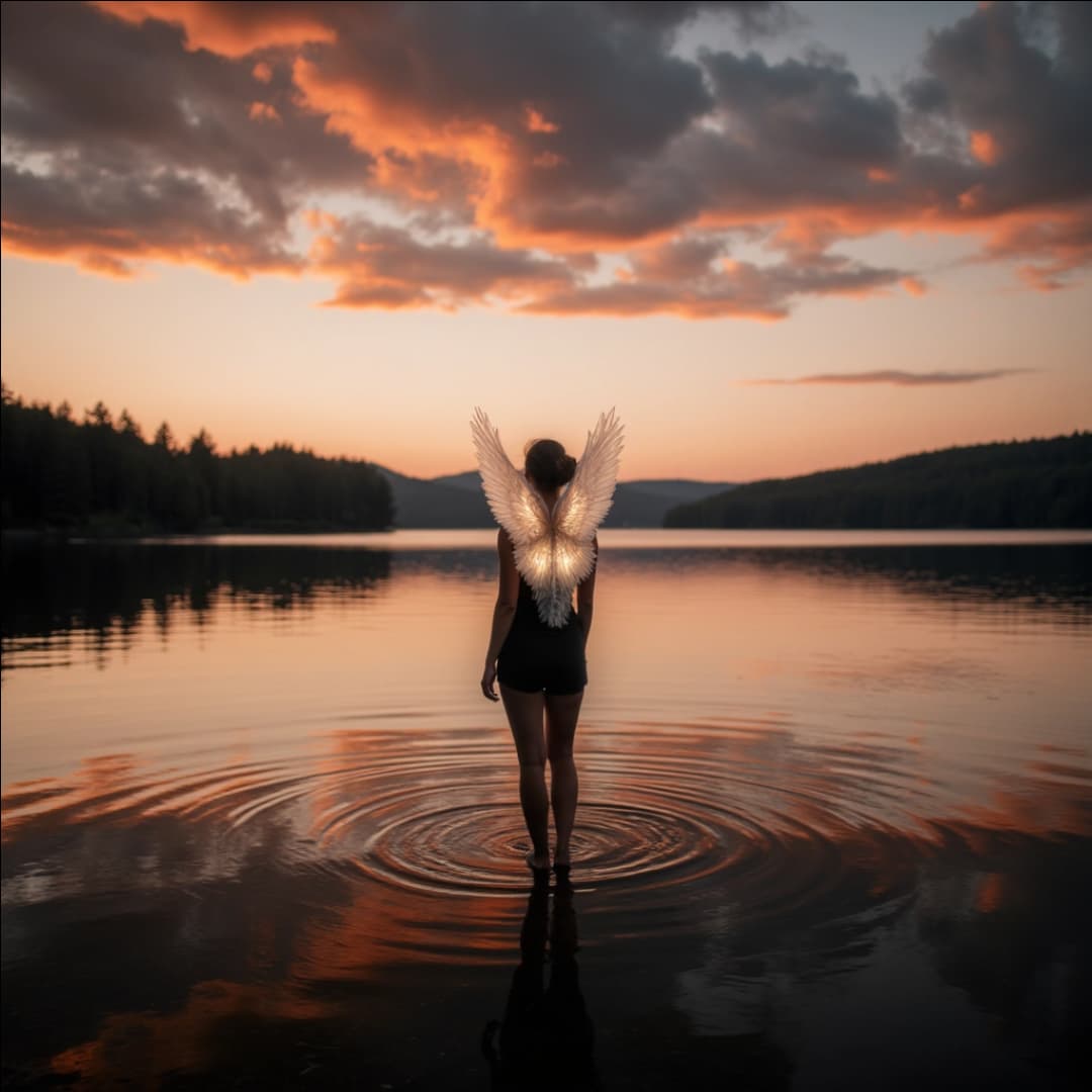eine frau mit flügeln, sie steht in einem See bei Sonnenuntergang