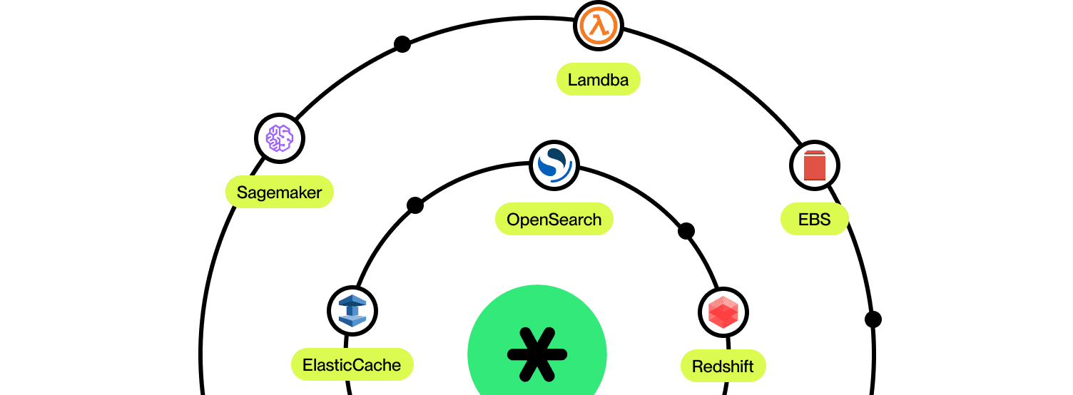The image showcases a graphical representation of cloud services, featuring a circular layout with icons for Lambda, OpenSearch, EBS, SageMaker, Redshift, and ElasticCache, relating to cloud cost optimization.