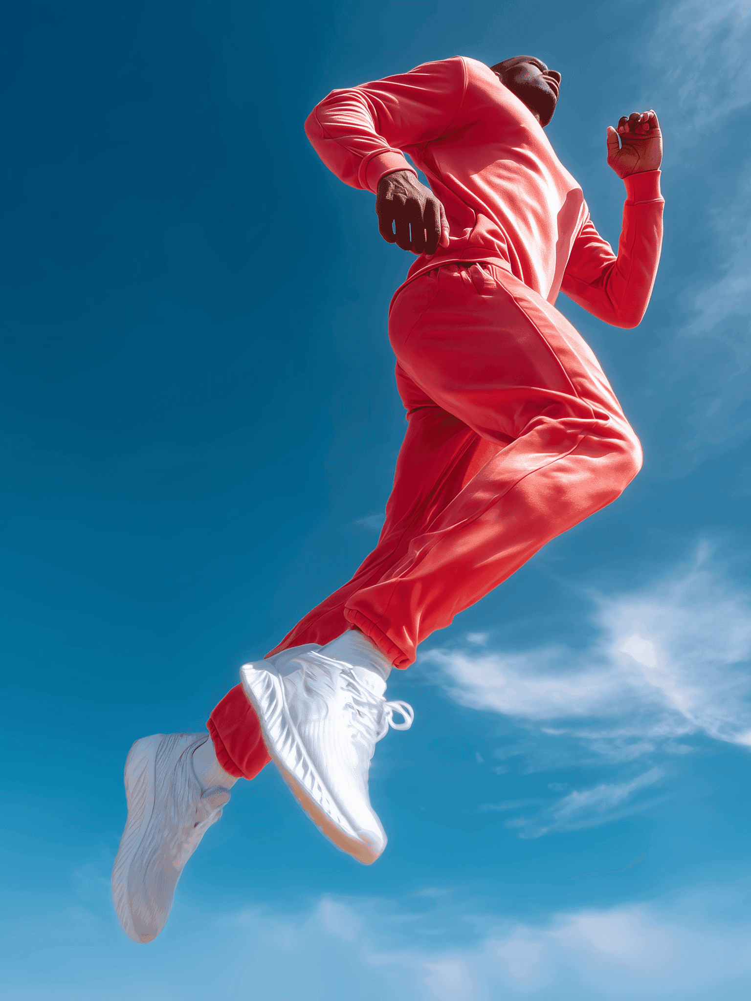 Runner in red suit jumping