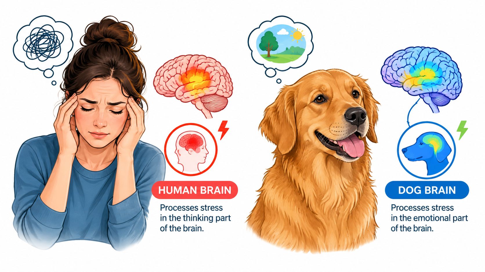 An illustration comparing how human and dog brains process stress differently with brain diagrams and expressions.