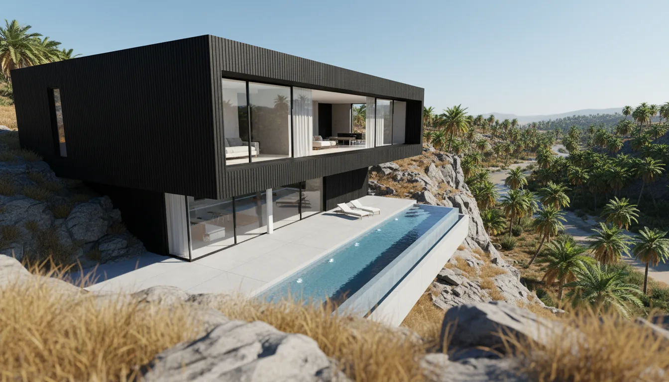 Photorealistic 3D architectural render in the style of SketchUp, depicting a modern, angular house with black vertical wood siding, built into a rocky, arid cliffside. The scene features a minimalist concrete patio, a long narrow swimming pool with glowing blue lights, and large glass windows showing a bright, contemporary interior. The background shows a lush valley with palm trees and a river. High-angle view with out-of-focus rocks and dry grass in the foreground creating a strong depth of field, under bright natural daylight with crisp, hard shadows.