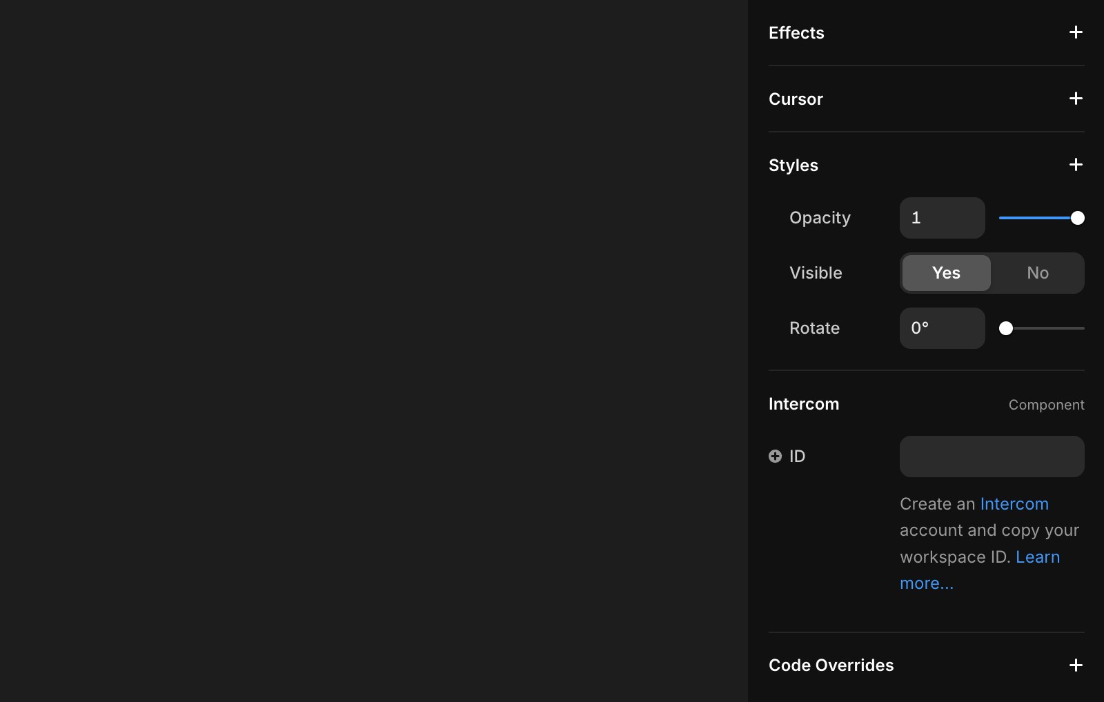 The 'Intercom' section features a field for entering a workspace ID, with a link to learn more about creating an Intercom account.