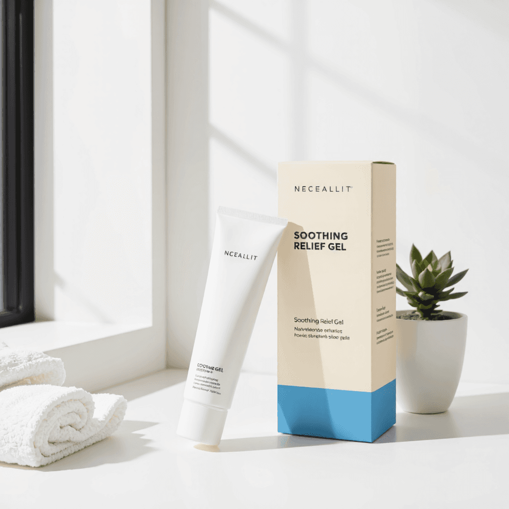 product photography of tube of soothing relief gel and its box