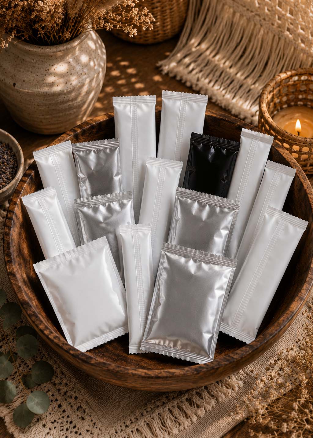 An assortment of flowpack tea envelopes in wooden bowl