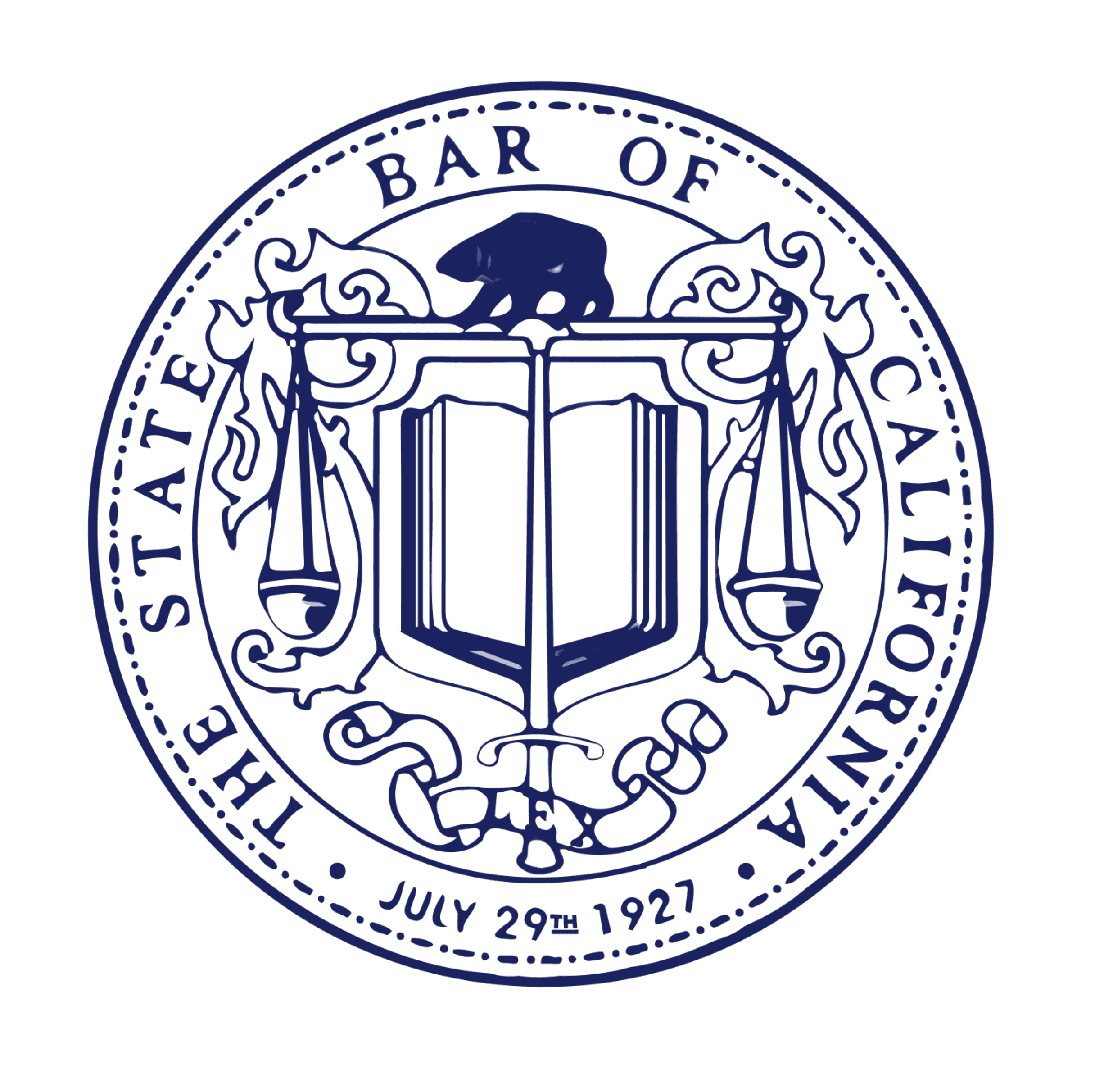 Esta imagem apresenta o selo oficial da Ordem dos Advogados do Estado da Califórnia, exibindo detalhes intrincados de um escudo com balanças da justiça, cercado por desenhos ornamentados e trazendo a data de 29 de julho de 1927.