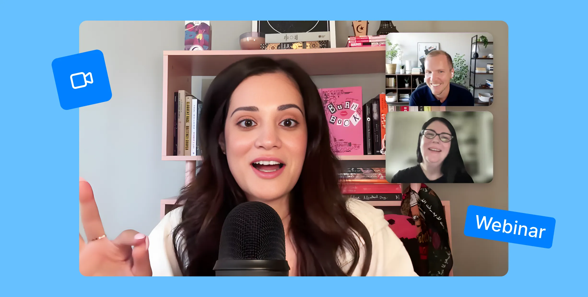 Image of Zoom webinar with Hebba as the main presenter and Matt and Rachel's images in the upper right. The image is framed in light blue, with a camera icon in the top left and a "Webinar" label in the lower right.