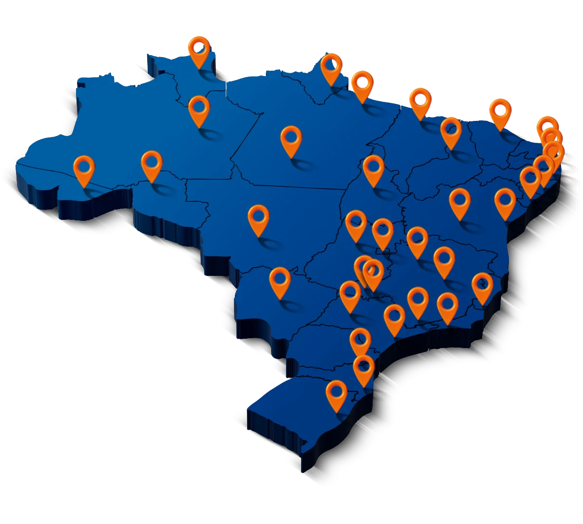 Mapa do Brasil com pontos indicando obras de engenharia de fundações realizadas em diferentes estados, demonstrando experiência nacional em múltiplas condições de solo.