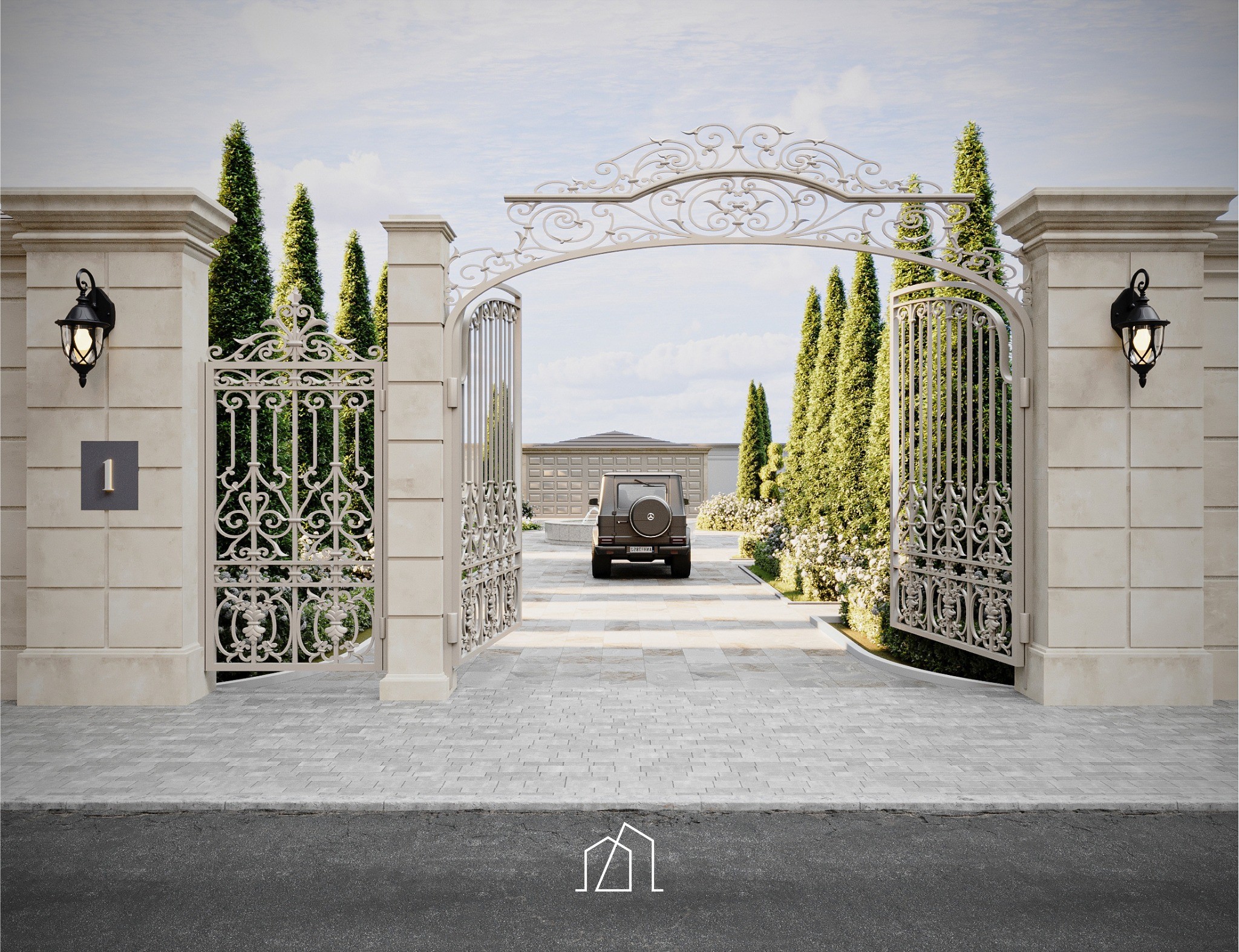 Sierlijke entreepoort van de private chateau residence