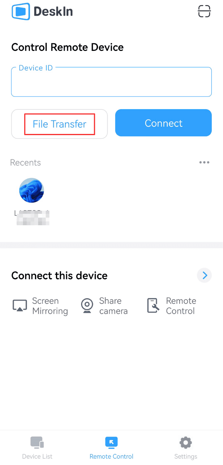 DeskIn Remote Control interface showing File Transfer connection option