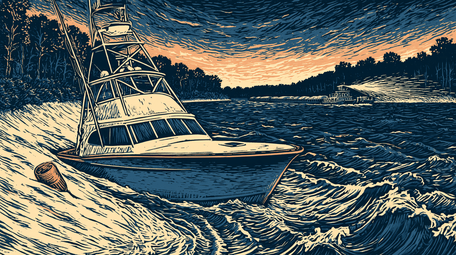 Woodcut-style print of a sportfish motor yacht resting on a sandbar at the edge of a river channel at dusk, a towboat and barges rounding the bend behind it.