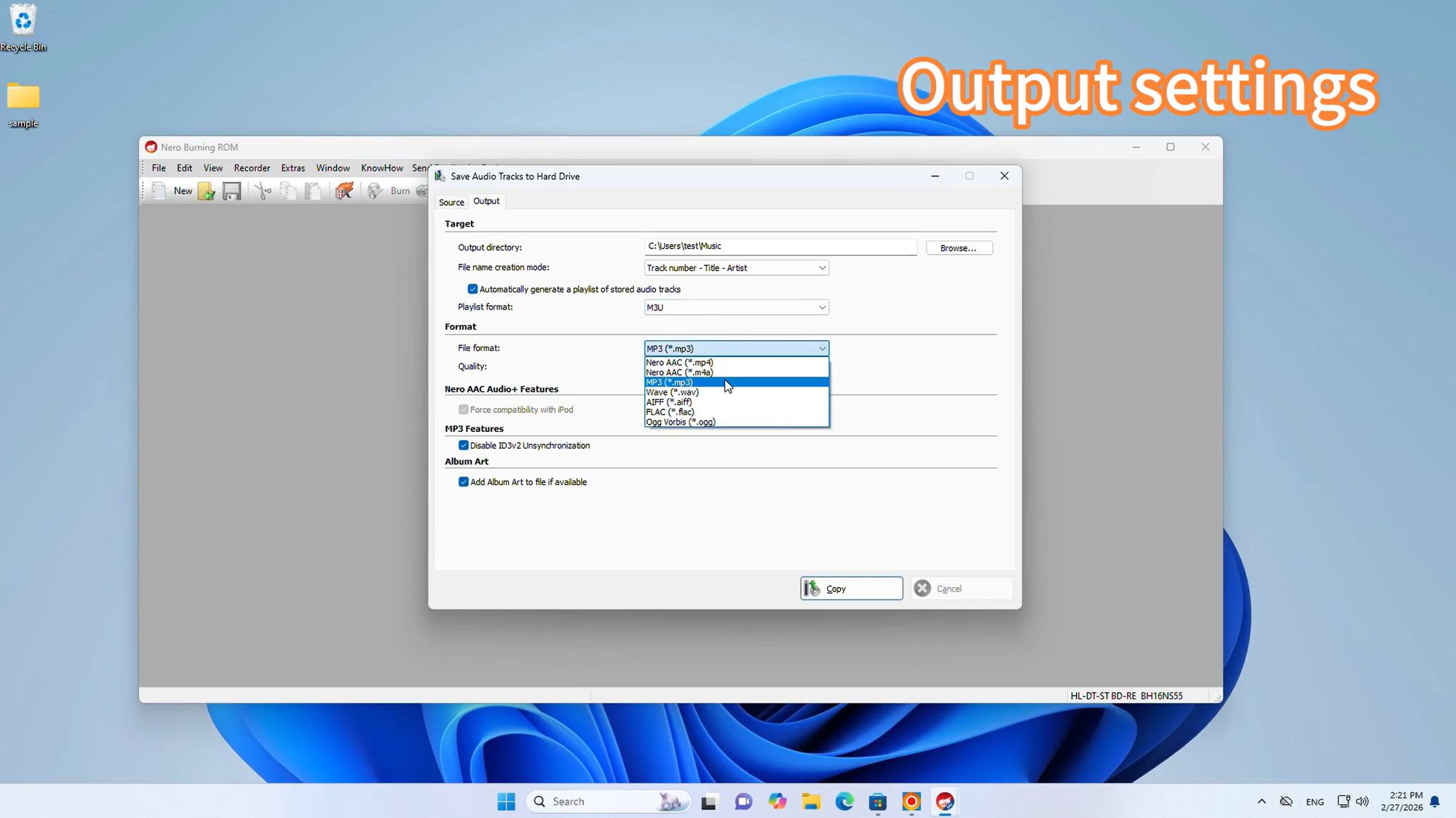 Output Settings in Nero Burning ROM