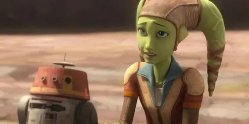 Young Hera Syndulla in a beige uniform next to Chopper