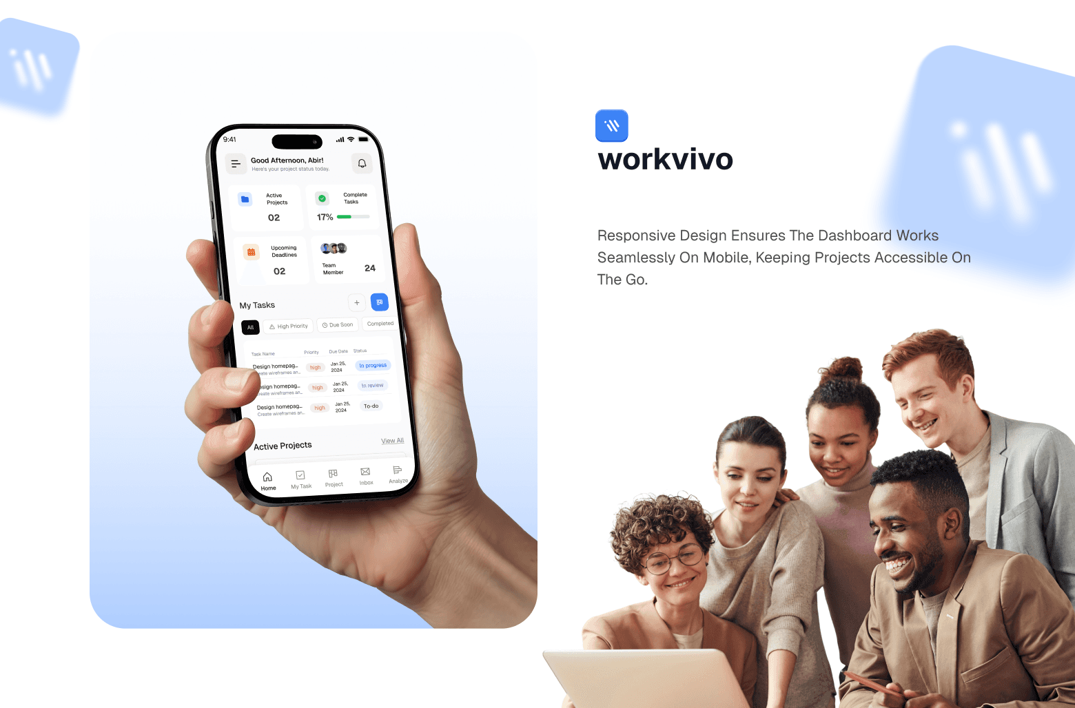 Team collaborating around a laptop with message “Elevate your team, maximize your results”.