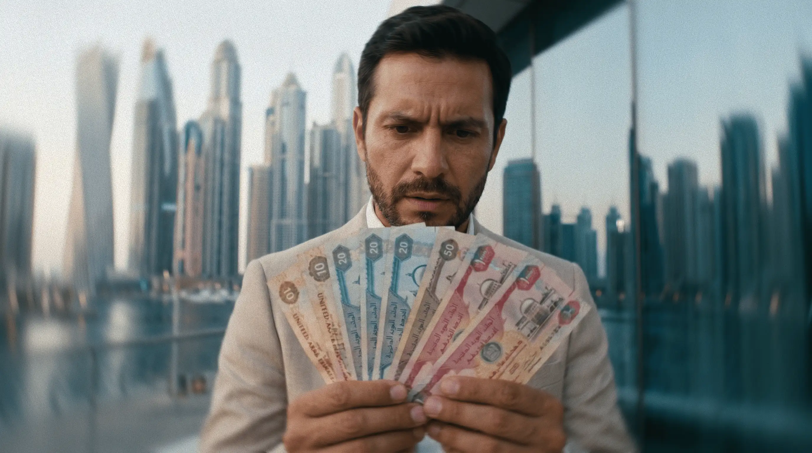 Hombre observando billetes de dirham con expresión de duda.