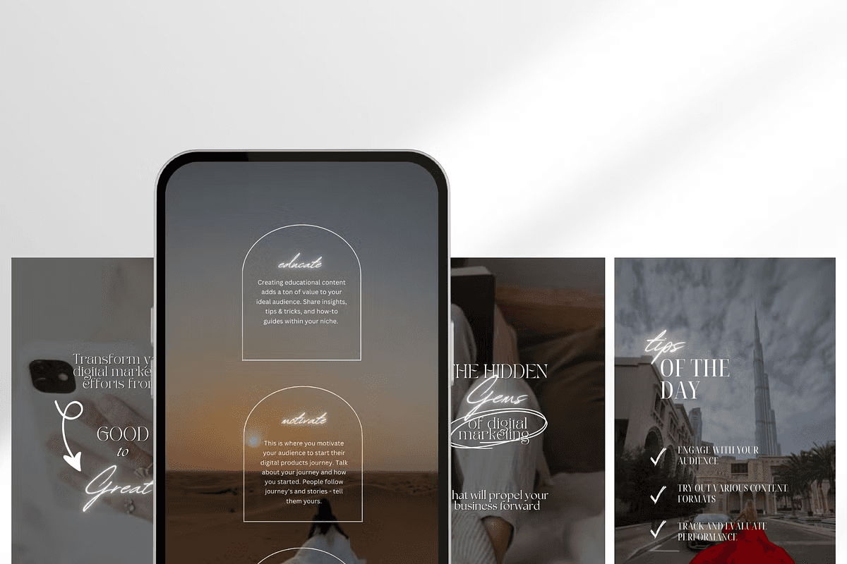 Smartphone displays digital marketing content templates -  Faceless Instagram Content Ideas