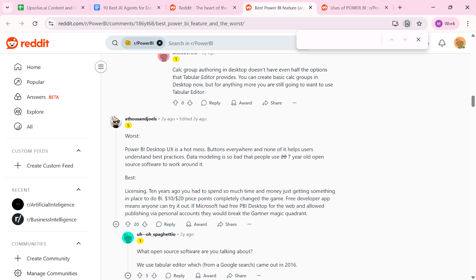Reddit discussion highlighting both strengths and weaknesses of Power BI, including affordable licensing and criticisms of the desktop user experience