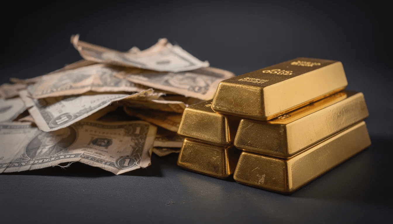 The image shows a stack of shiny gold bars positioned next to worn and fading paper currency notes, symbolizing the contrast between the reliable store of value that gold represents and the diminishing purchasing power of fiat money. This visual highlights the impact of inflation and geopolitical uncertainty on currencies and investment choices.